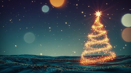 Lush green fir and cedar branches creating a festive natural frame with golden glowing bokeh lights on a dark emerald background.