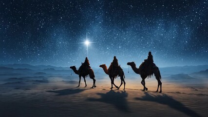 Three wise men riding camels under starry night sky following the bright Bethlehem star in desert nativity scene
