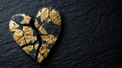A dark, fractured heart with shimmering gold cracks and patches rests on a textured black surface, symbolizing pain, resilience, and the beauty found in brokenness.