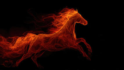 A breathtaking fiery horse, composed of vivid orange and red flames, gallops powerfully against a dark background, embodying speed and mythical energy.