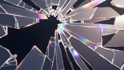 Fractured transparent shards radiating from a central dark void with iridescent refractions - Powered by Adobe