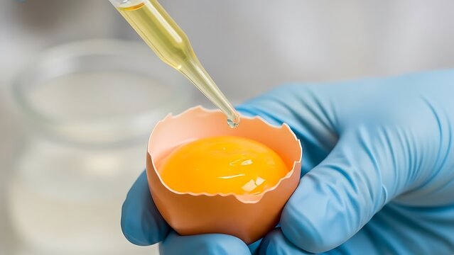 Pipette Dripping Yellow Liquid into Egg Yolk Held by Gloved Hand