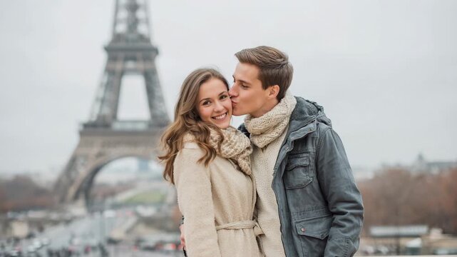 Romantic couple in warm coats embracing near Eiffel Tower in Paris, winter love travel and holiday moment