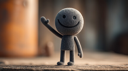 A fuzzy gray smiley figure waving hello in a softly blurred background