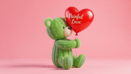 A cactus teddy bear embraces a red heart balloon inscribed 'Painful Love' against a pink backdrop, symbolizing love's challenging nature.