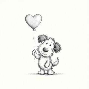 Cute dog holding a heart balloon in black and white sketch engraving style on white background for love
