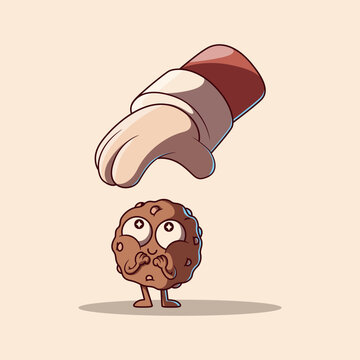 Santa Hand Reaching for Smiling Cookie Character Christmas vector Illustration. Holiday design concept.