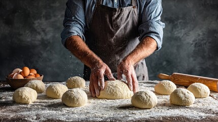 Baker kneading fresh dough on rustic table with flour and eggs in warm kitchen artisan bread preparation