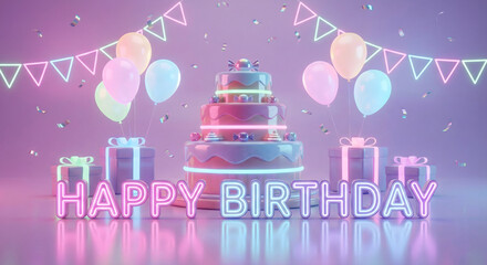 A vibrant birthday celebration with a neon cake balloons and festive gifts
