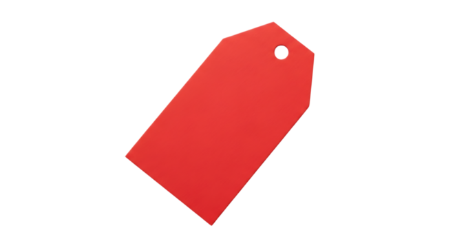 Bright red rectangular tag, with a hole at the top corner, isolated on a transparent background, cutout, PNG