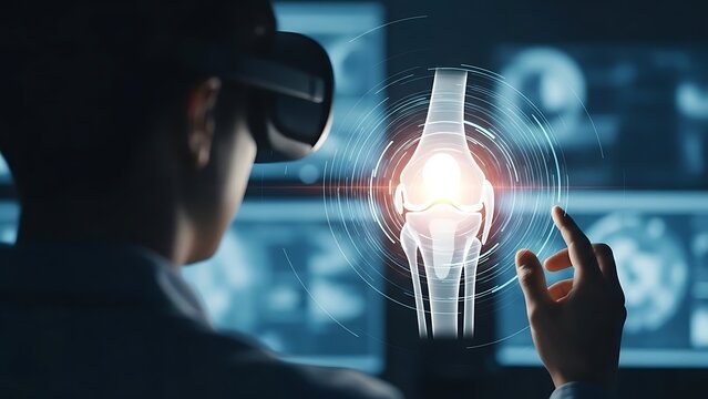 Person Using V R Headset Interacting with Knee Joint Hologram