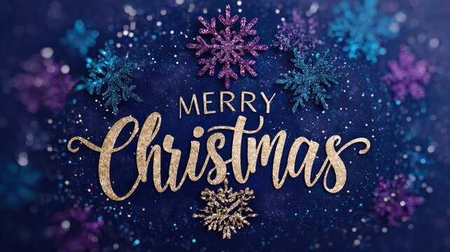 Merry christmas greeting with glitter text and festive snowflakes on blue background