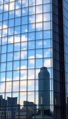 Obraz premium Glass facade of a contemporary office tower reflecting the sky and surrounding cityscape, facade, cityscape