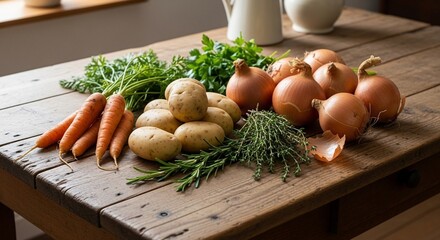 Fresh Vegetables on Rustic Wooden Table - Carrots, Potatoes, Onions, Herbs.
