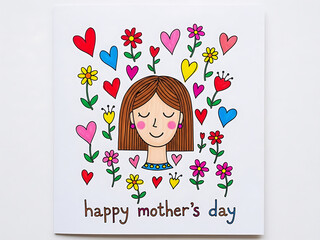 Mother portrait with hearts and flowers in childlike drawing style, cute kids illustration for Mother’s Day