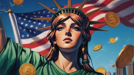 Statue of Liberty holding bitcoin for financial freedom with American flag behind and the New York City skyline in background, representing the rise of digital currency and investment in United States - Powered by Adobe