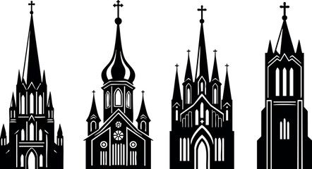Fototapeta premium Gothic flat design silhouettes of four different church towers in a row, mixed spire shapes and arched windows, black vector art on white, minimal religious architecture mood