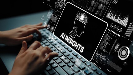 Futuristic Concept of Artificial Intelligence Insights and Data Analysis with Hands Typing on Keyboard. Asymptotic smart data analytic.