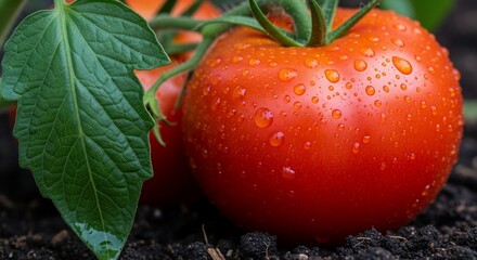 Freshly picked ripe tomatoes with water droplets in the garden.