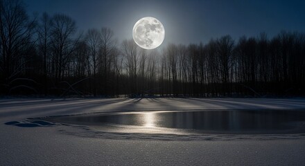Full moon over a frozen lake at night.