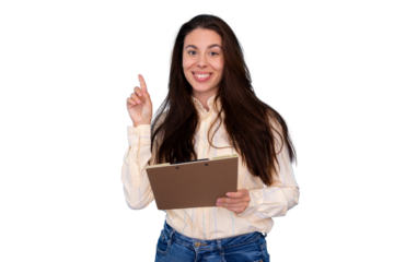 Young business woman pointing finger up having a good idea, holding a clipboard, smiling and looking at camera