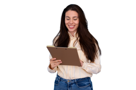 Professional woman smiling, reviewing business documents on a clipboard, standing and planning, transparent background - Powered by Adobe