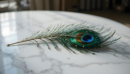 A Peacock Feather Laying on a White Carrara Marble Close Up