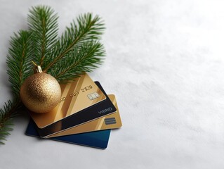 Several bank cards arranged with a small pine branch and a golden bauble, soft light, minimalist festive styling, clean backdrop, generous copy space