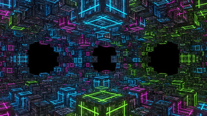 Abstract neon cubes background glowing cube structure futuristic technology dark geometric design wallpaper