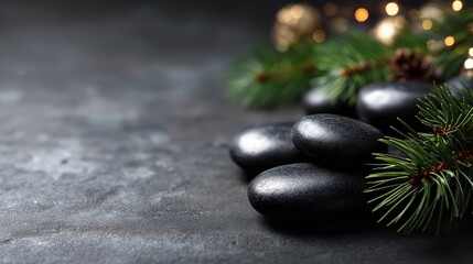 Smooth black spa stones with pine branches and subtle Christmas decorations