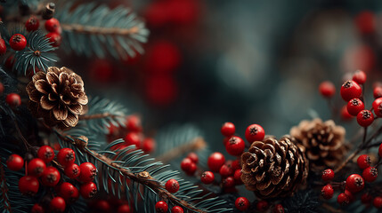 Close up of pine cones and red berries on a christmas tree branch decor