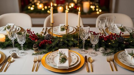 🍽️ Elegant Christmas and wedding dinner table setting with plates, wine glasses, cutlery, and floral decorations for a festive banquet or restaurant reception