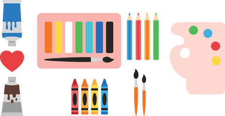Colorful collection of flat design art and drawing supplies vector set featuring paint tubes, crayons, colored pencils, paintbrush, and a palette for creative design, education, and artistic concepts