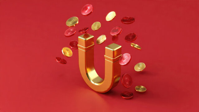 A shimmering golden horseshoe magnet attracts a cascade of red and gold coins against a vibrant red background, symbolizing wealth and opportunity.