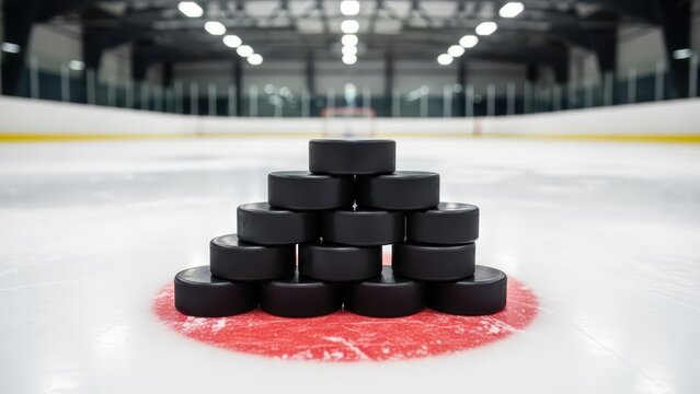 Stack of hockey pucks on ice rink center circle in arena
