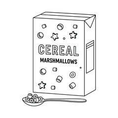 Black and white illustration of a cereal box with marshmallows and a spoon filled with cereal