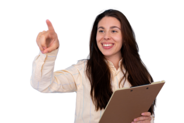 Happy business woman holding clipboard and touching virtual screen, presenting ideas with a pointing gesture