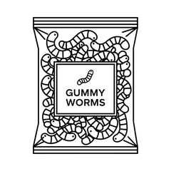 Black and white illustration of a bag of gummy worms with a label