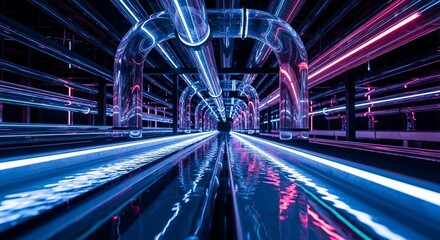 Futuristic Tunnel with Neon Lights and Reflections.