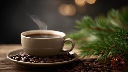 Steaming coffee cup surrounded by coffee beans and pine branches