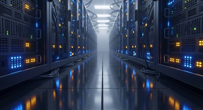 Futuristic Server Room - Data Center Infrastructure with Glowing Lights.