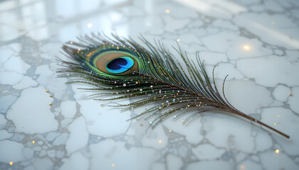 A Peacock Feather Laying on a White Carrara Marble Close Up