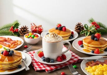 Festive holiday breakfast spread delicious pancakes hot chocolate and festive decorations