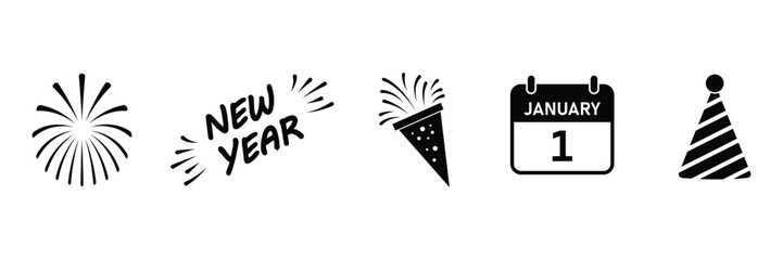 Set of new year icon pack. Black Happy new year symbol.