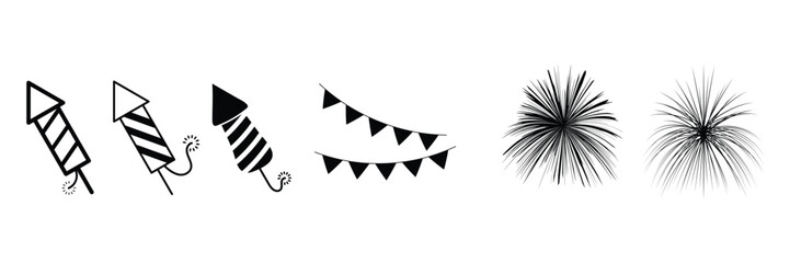 New years party icon collection. Fireworks, New years eve party symbol.