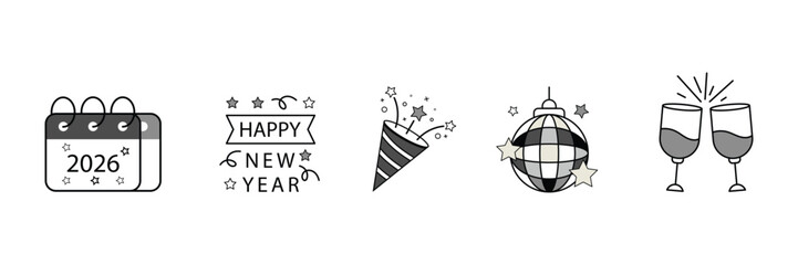 Set of new year icon pack. Black Happy new year symbol.