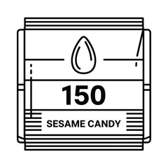 Stylized line art illustration of a sesame candy bar wrapper with the number 150