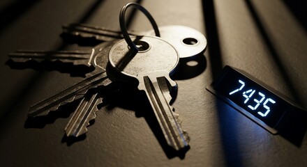 Keys and a digital display showing 7435 on a dark surface.