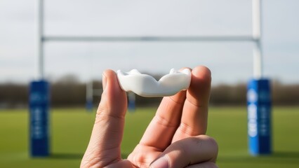Hand holding mouthguard on rugby field with goalposts in background