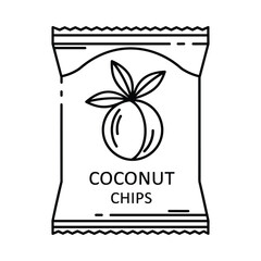 Simple line art icon of a coconut chips snack bag with a coconut illustration